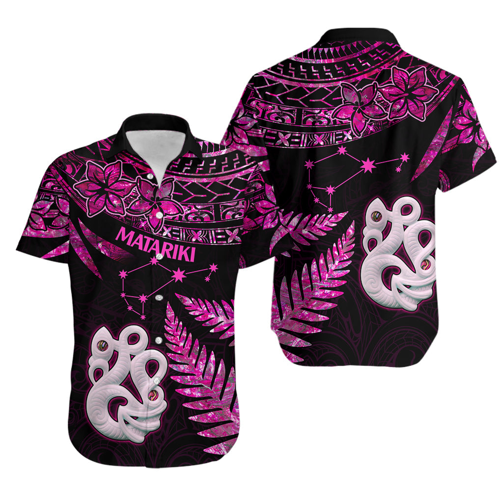 Couples Matching Hawaiian Outfits Matariki New Zealand Couples Bodycon Dress Hawaiian Shirt Manaia with Paua Shell - Pink