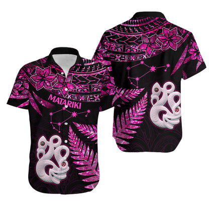 Couples Matching Hawaiian Outfits Matariki New Zealand Couples Bodycon Dress Hawaiian Shirt Manaia with Paua Shell - Pink