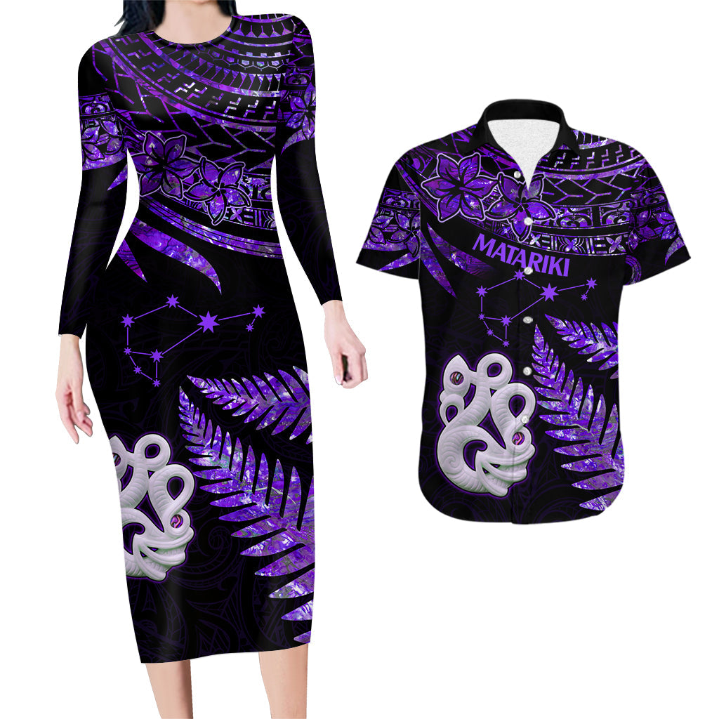 Couples Matching Hawaiian Outfits Matariki New Zealand Couples Bodycon Dress Hawaiian Shirt Manaia with Paua Shell - Purple