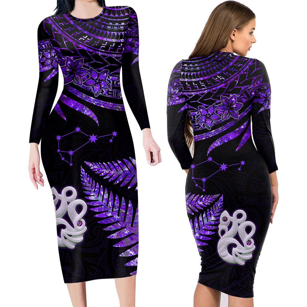 Couples Matching Hawaiian Outfits Matariki New Zealand Couples Bodycon Dress Hawaiian Shirt Manaia with Paua Shell - Purple