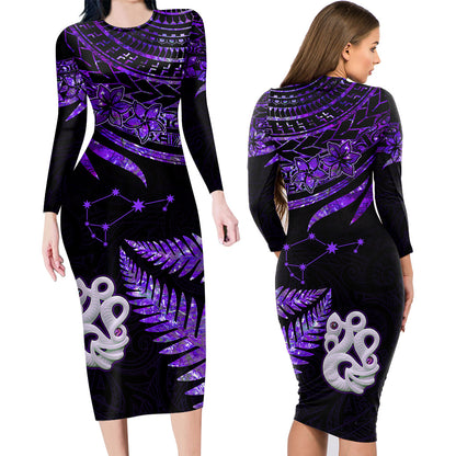 Couples Matching Hawaiian Outfits Matariki New Zealand Couples Bodycon Dress Hawaiian Shirt Manaia with Paua Shell - Purple