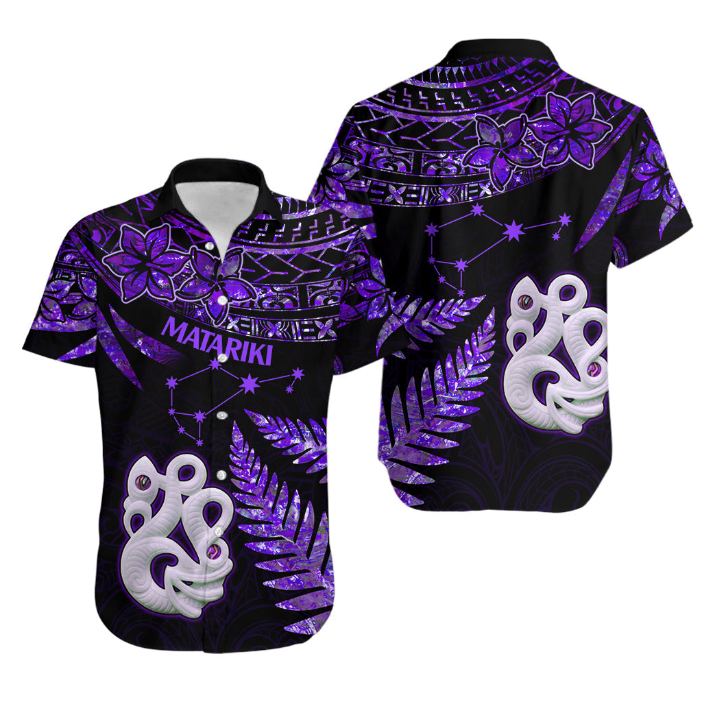 Couples Matching Hawaiian Outfits Matariki New Zealand Couples Bodycon Dress Hawaiian Shirt Manaia with Paua Shell - Purple
