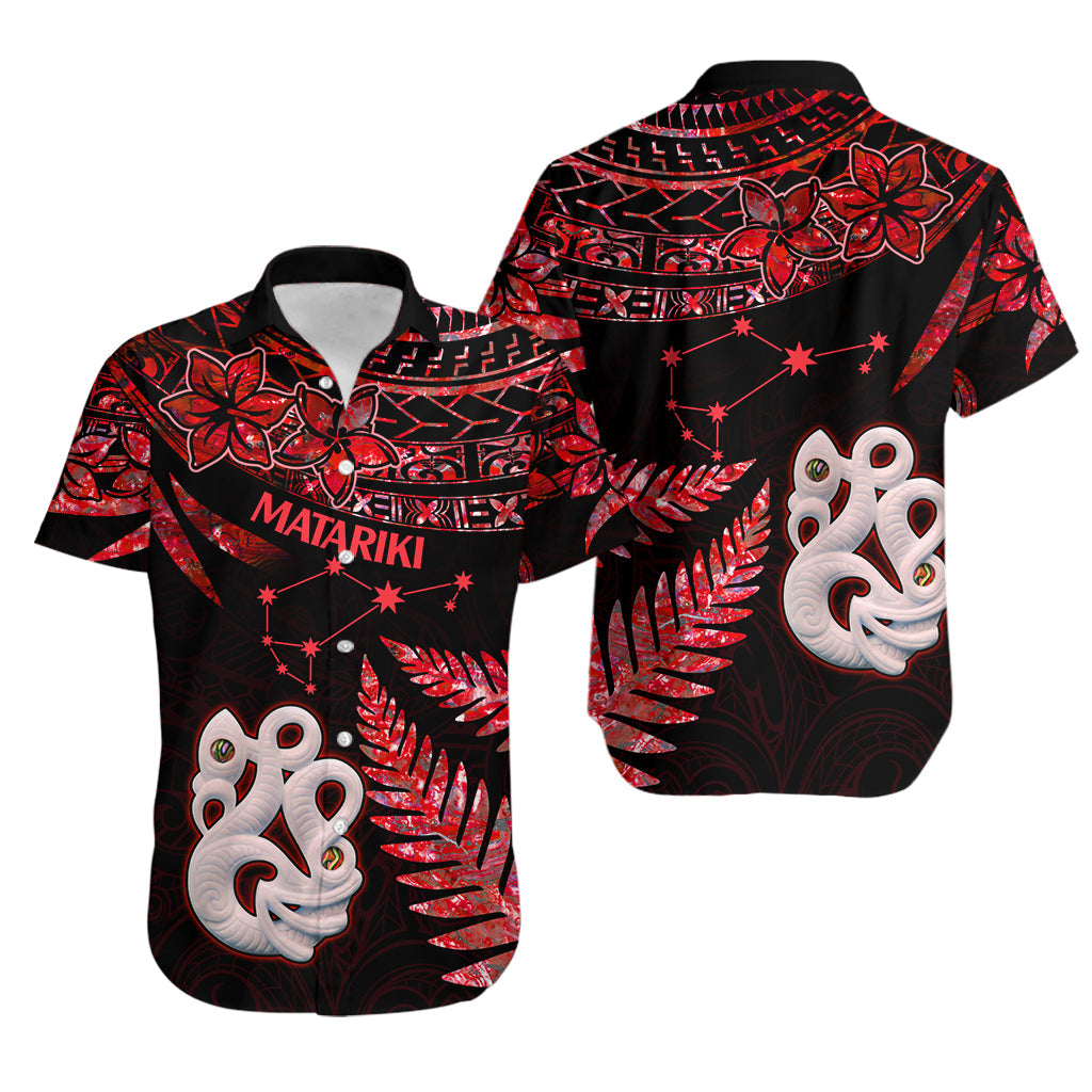 Couples Matching Hawaiian Outfits Matariki New Zealand Couples Bodycon Dress Hawaiian Shirt Manaia with Paua Shell - Red