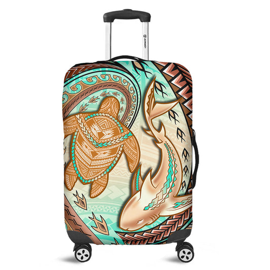 Hawaii Luggage Cover Polynesian Shark And Sea Turtle Dreamy Turquoise Artsy