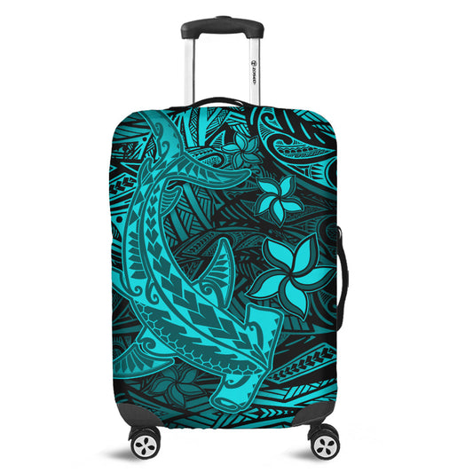 Polynesian Luggage Cover Turquoise Hawaiian Tribal Hammerhead Shark