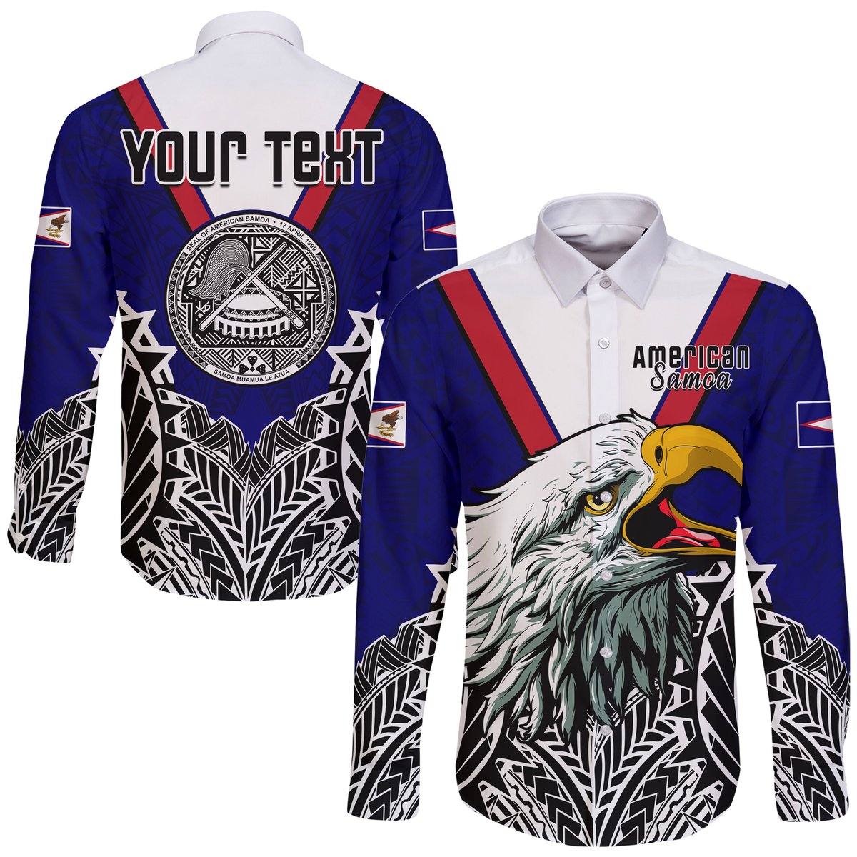 (Custom Personalised) American Samoa Hawaii Long Sleeve Button Shirt Bald Eagle Mix Polynesian