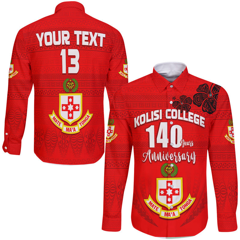 (Custom Text and Number) Kolisi Tonga College Atele Hawaii Long Sleeve Button Shirt 140 Years Anniversary Tongan Ngatu