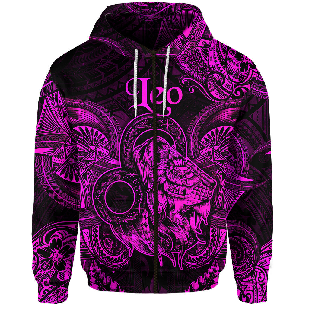Leo Zodiac Polynesian Zip Hoodie Unique Style Pink
