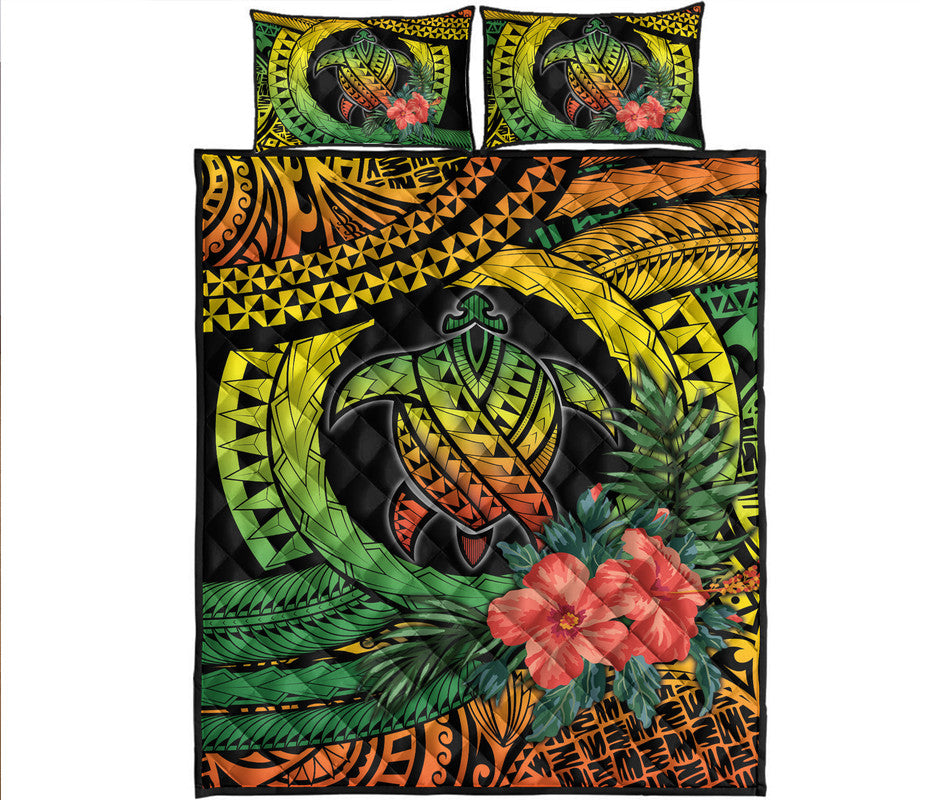 Polynesian Turtle Quilt Bed Set Circle Turtle Hibiscus Reggae