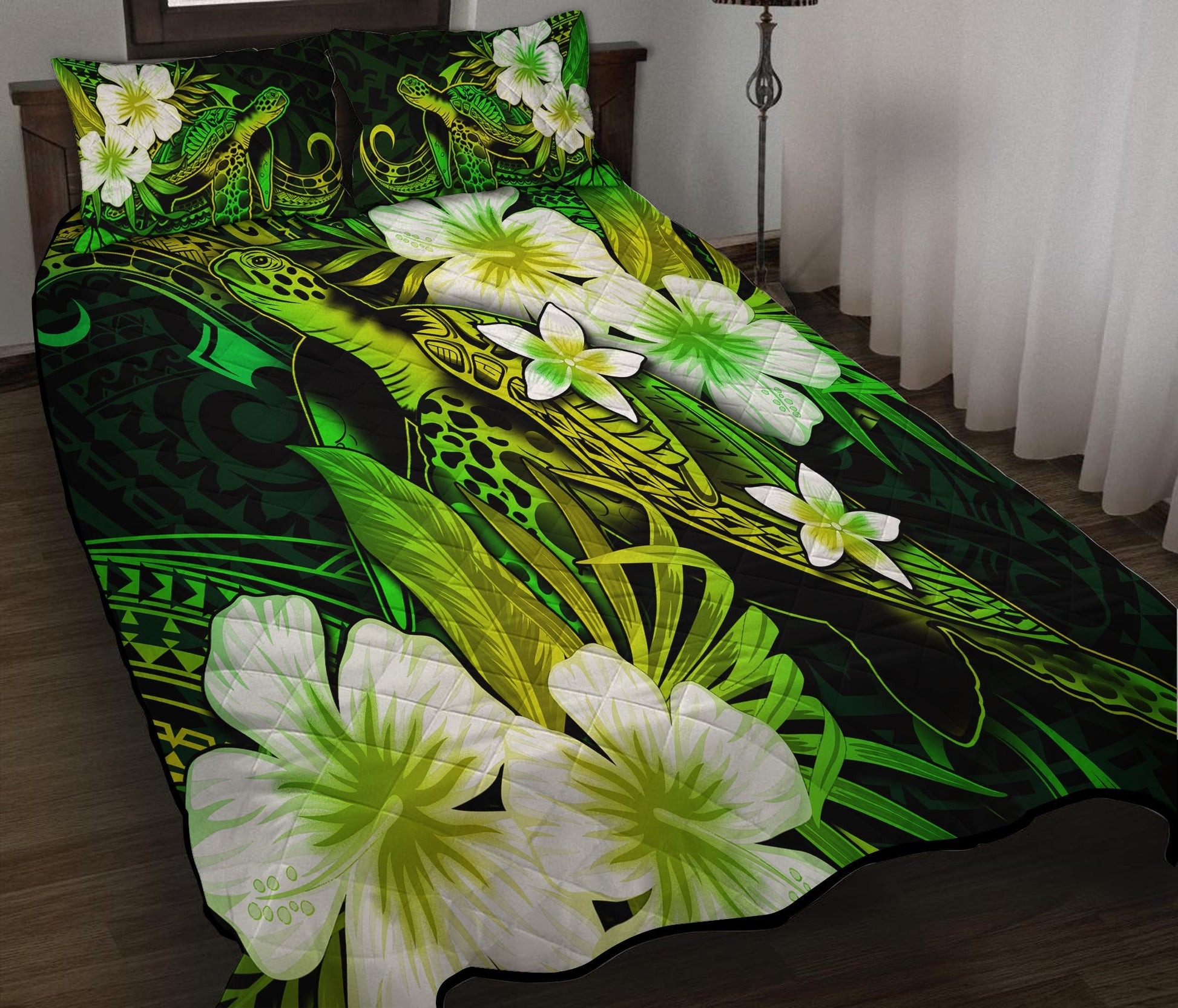 Polynesian Turtle Quilt Bedd Set With Hibiscus Color No.2