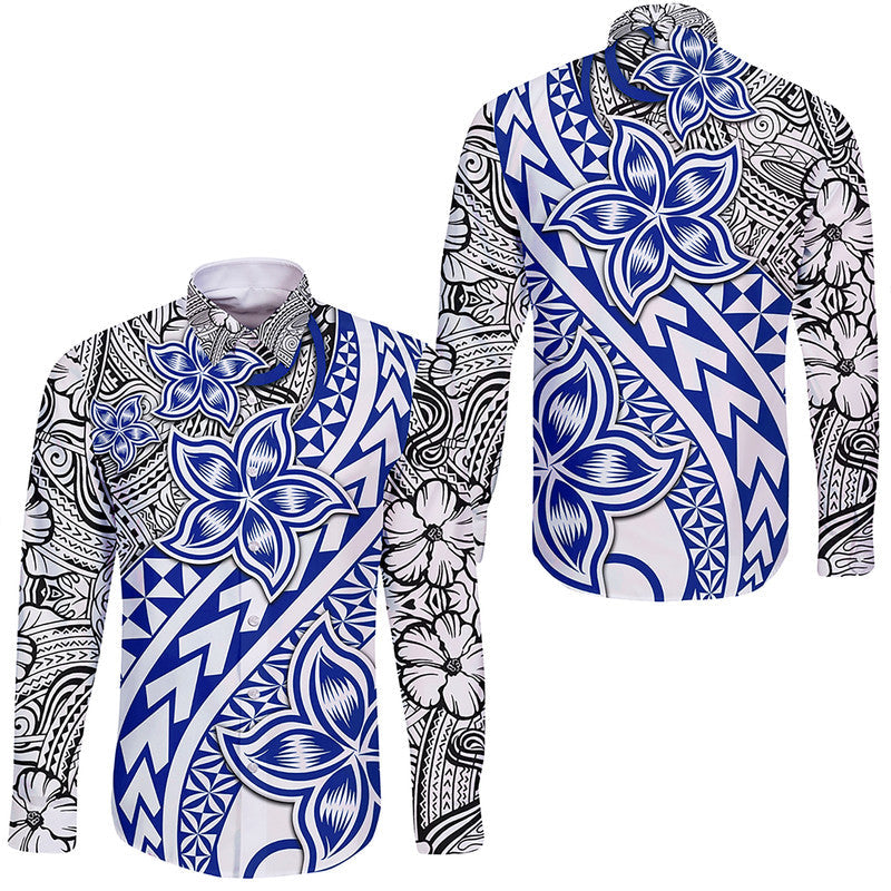 Traditional Polynesian Tribal Tattoo Retro Hawaii Long Sleeve Button Shirt Blue