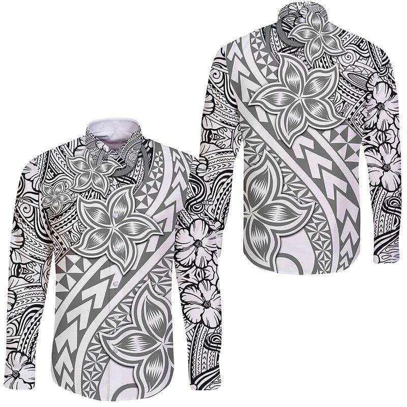 Traditional Polynesian Tribal Tattoo Retro Hawaii Long Sleeve Button Shirt Grey