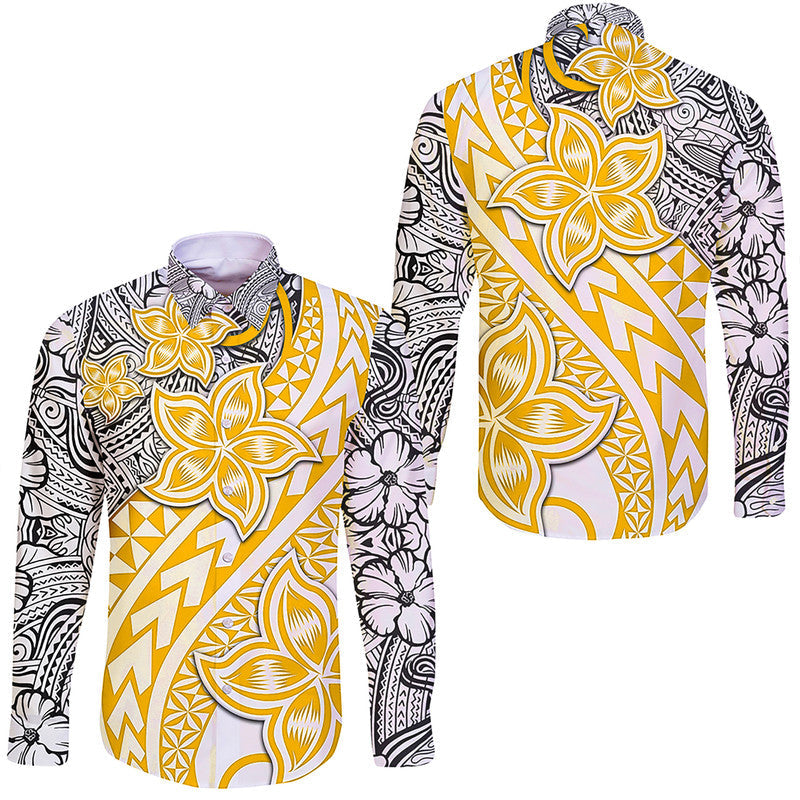 Traditional Polynesian Tribal Tattoo Retro Hawaii Long Sleeve Button Shirt Yellow