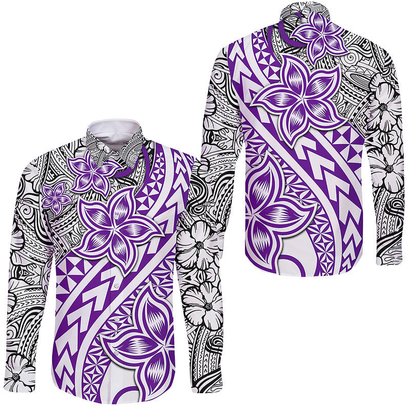 Traditional Polynesian Tribal Tattoo Retro Hawaii Long Sleeve Button Shirt Purple