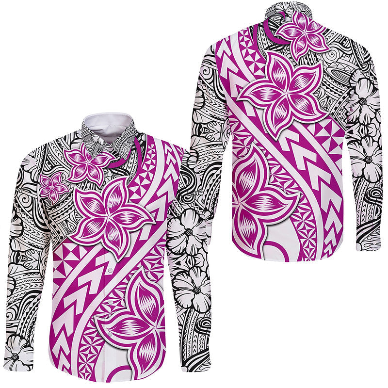 Traditional Polynesian Tribal Tattoo Retro Hawaii Long Sleeve Button Shirt Pink