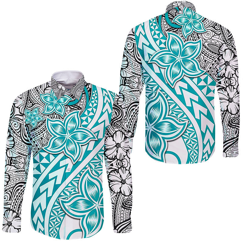 Traditional Polynesian Tribal Tattoo Retro Hawaii Long Sleeve Button Shirt Turquoise