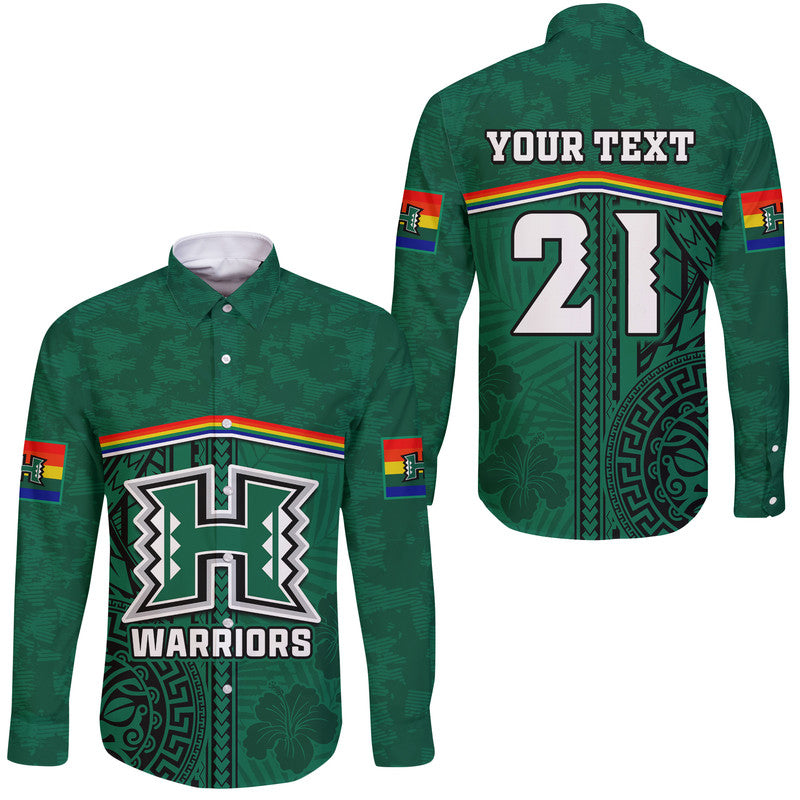 (Custom Personalised) Hawaii Warriors Football Hawaii Long Sleeve Button Shirt Polynesian Palm and Hibiscus