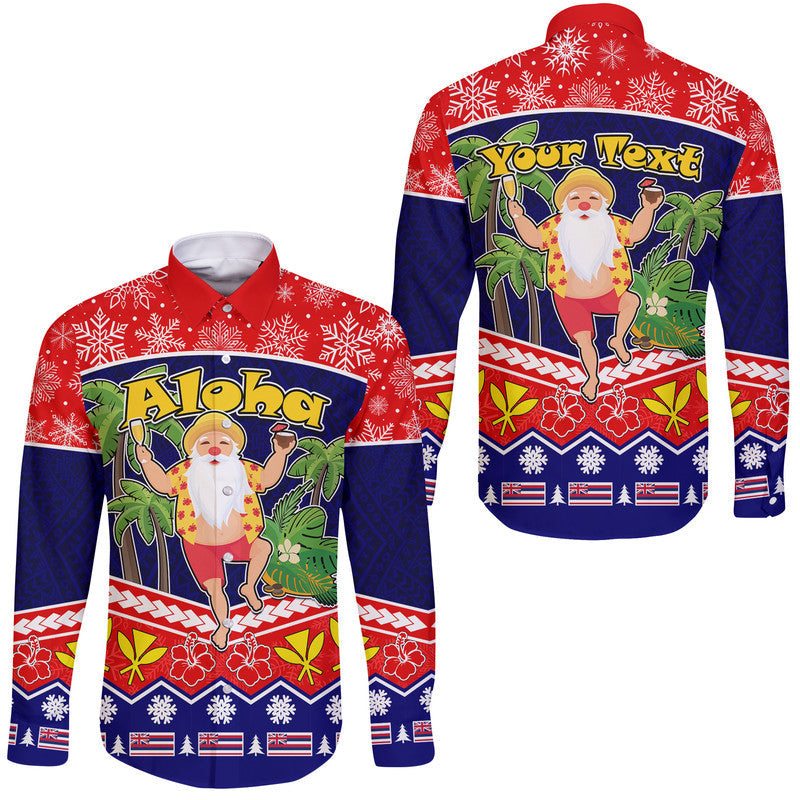 (Custom Personalised) Hawaii Santa Kalikimaka Palm And Hibiscus Christmas Vibe Hawaii Long Sleeve Button Shirt