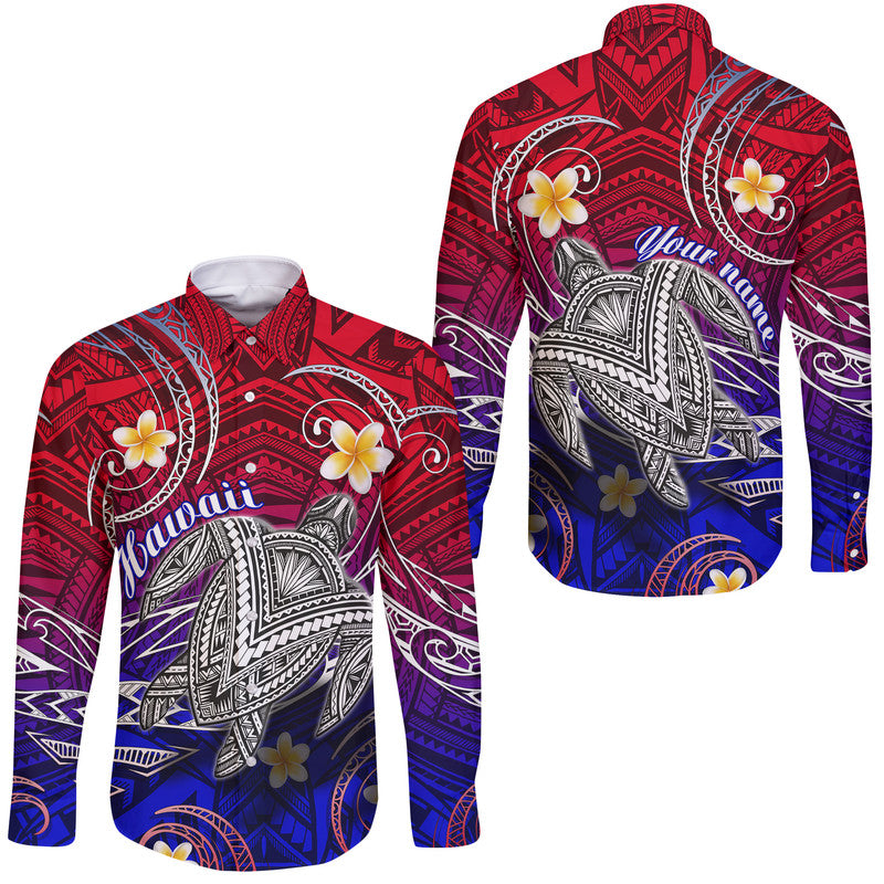 (Custom Personalised) Hawaii Long Sleeve Button Shirt Hawaiian Turtle Plumeria Mixed Polynesian Style