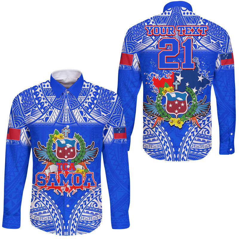 (Custom Personalised) Toa Samoa Polynesian Rugby Hawaii Long Sleeve Button Shirt Samoan Flag Blue Color