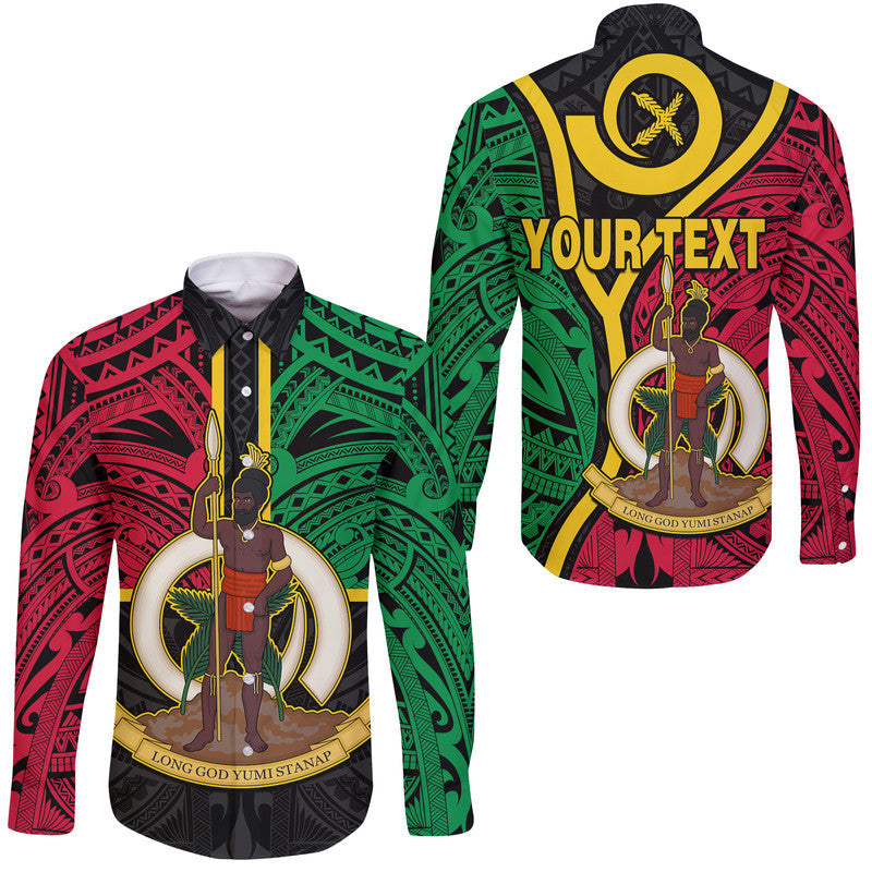 (Custom Personalised) Vanuatu Hawaii Long Sleeve Button Shirt Tribal Vanuatu Coat Of Arms Flag Style No2