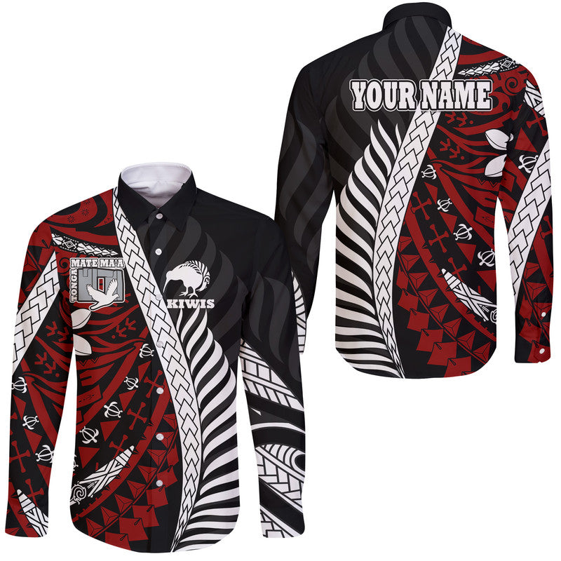(Custom Personalised) Mate Ma'a Tonga Mixed Aotearoa Kiwis Rugby Hawaii Long Sleeve Button Shirt Silver Fern Mixed Polynesian Style