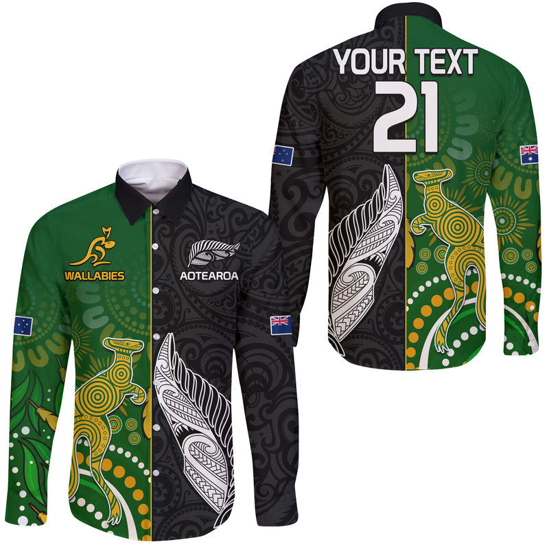(Custom Personalised) Aotearoa Rugby All Black Combine Australia Wallabies Hawaii Long Sleeve Button Shirt Aboriginal Kangaroo And Maori Fern