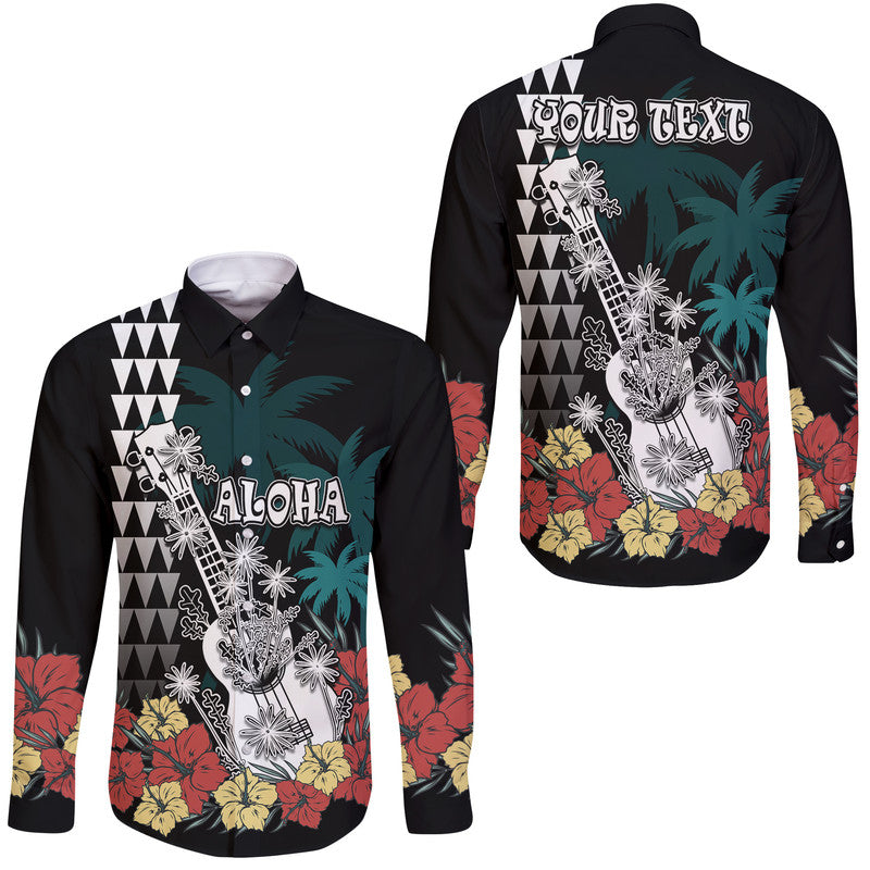 (Custom Personalised) Hawaii Ukulele Mix Hibiscus and Coconut Tree Hawaii Long Sleeve Button Shirt Aloha Vintage Black Version