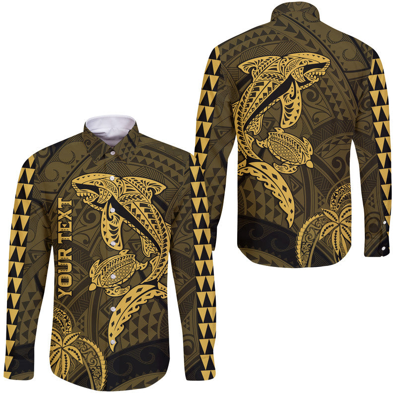 (Custom Personalised) Hawaii Hawaii Long Sleeve Button Shirt Shark and Turtle Mix Kakau Gold