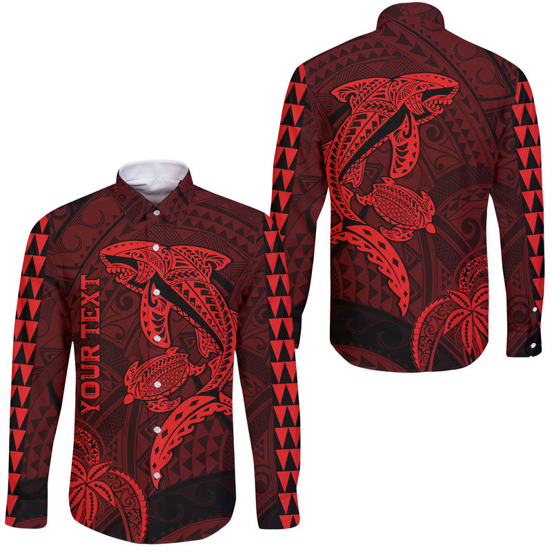 (Custom Personalised) Hawaii Hawaii Long Sleeve Button Shirt Shark and Turtle Mix Kakau Red