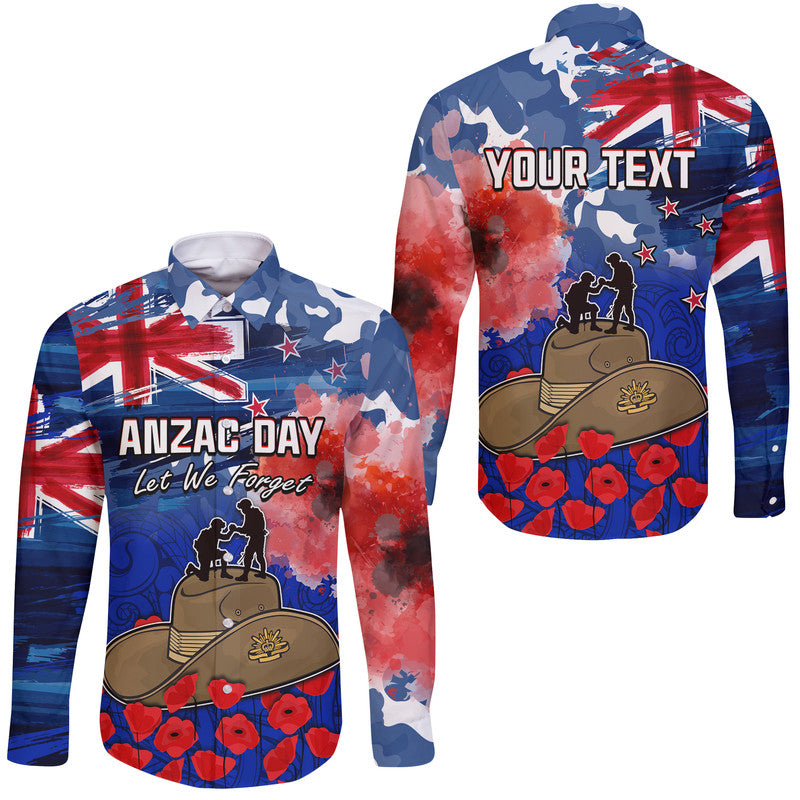 (Custom Personalised) New Zealand ANZAC Day Hawaii Long Sleeve Button Shirt Grunge Aotearoa Flag and Red Poppy