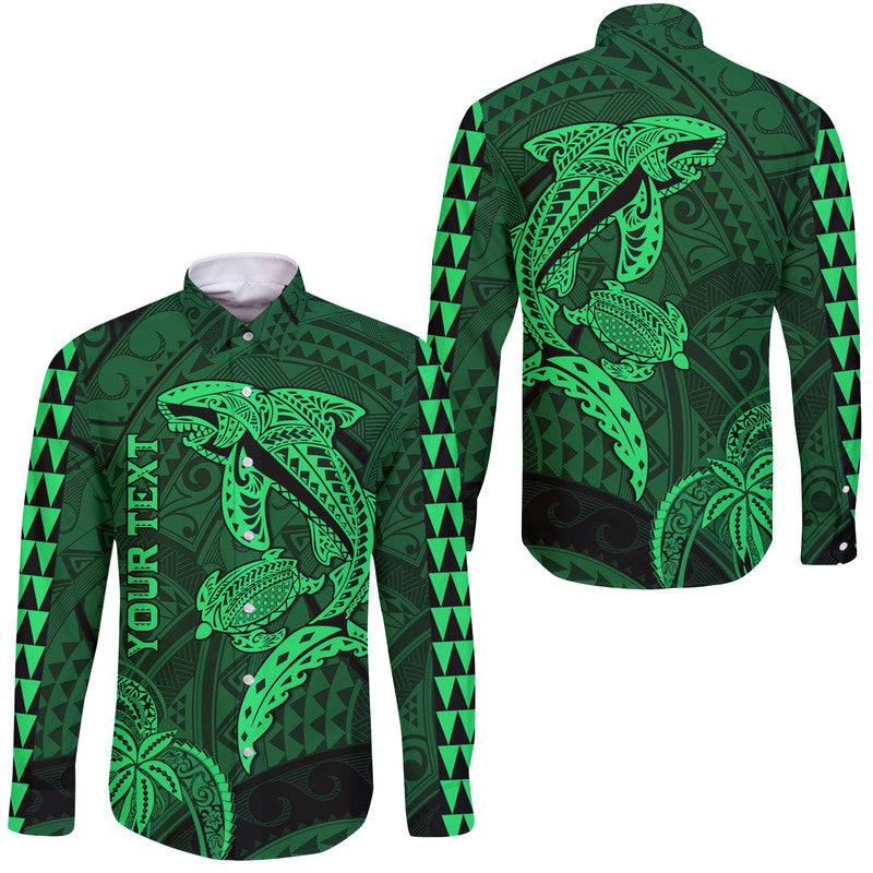 (Custom Personalised) Hawaii Hawaii Long Sleeve Button Shirt Shark and Turtle Mix Kakau Green