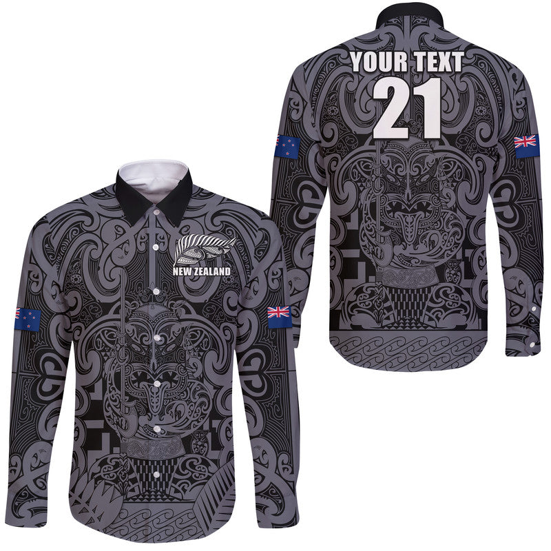 (Custom Text And Number) New Zealand Taiaha Maori Hawaii Long Sleeve Button Shirt Minimalist Silver Fern All Black