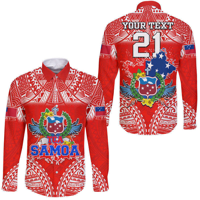 (Custom Personalised) Toa Samoa Polynesian Rugby Hawaii Long Sleeve Button Shirt Samoan Flag Red Color