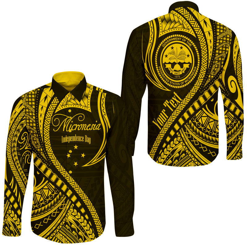 (Custom Personalised) Federated States of Micronesia Independence Day Hawaii Long Sleeve Button Shirt Gold Polynesian Wave Style