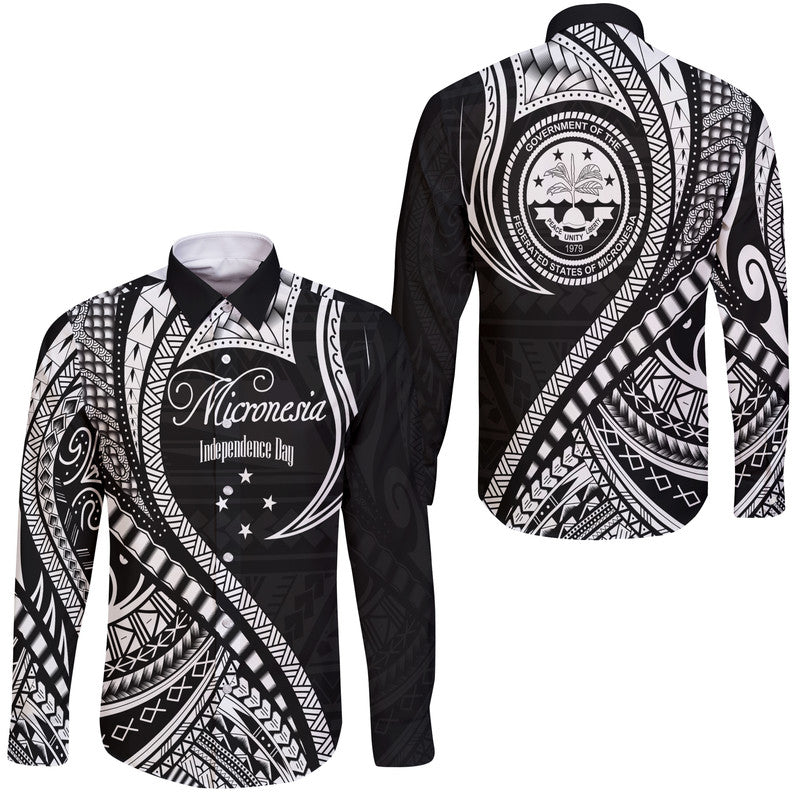 Federated States of Micronesia Independence Day Hawaii Long Sleeve Button Shirt Black Polynesian Wave Style