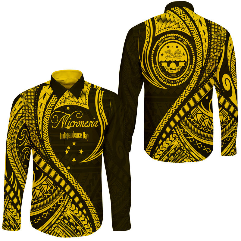 Federated States of Micronesia Independence Day Hawaii Long Sleeve Button Shirt Gold Polynesian Wave Style