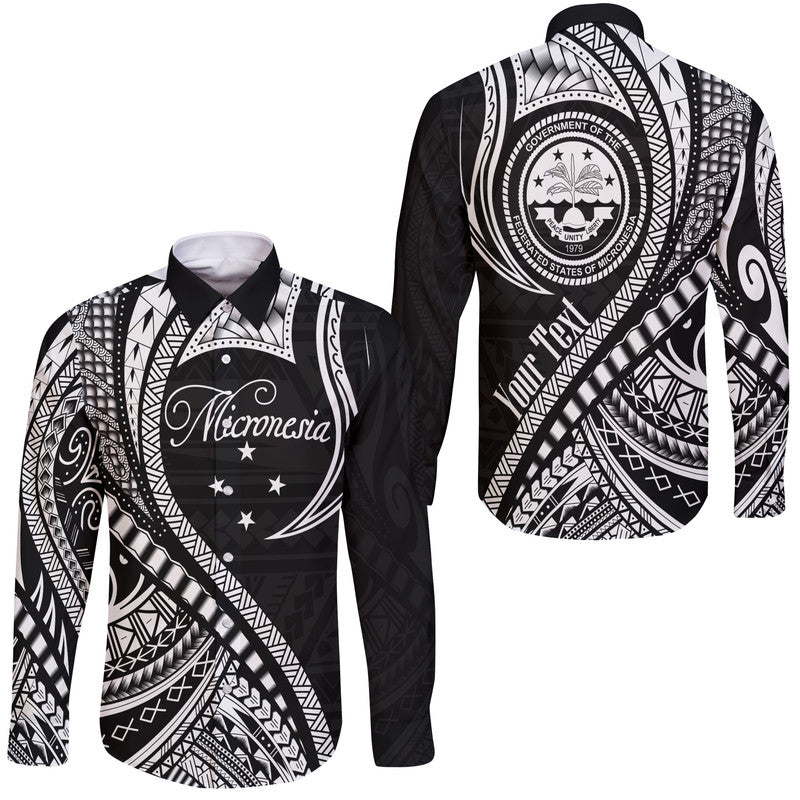 (Custom Personalised) Federated States of Micronesia Hawaii Long Sleeve Button Shirt Black Polynesian Wave Style