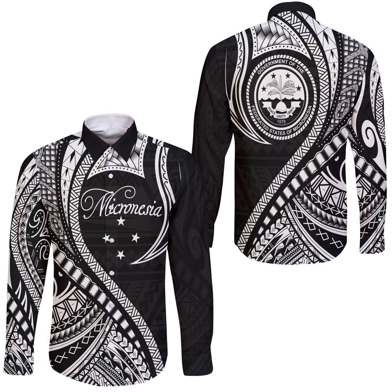 Federated States of Micronesia Hawaii Long Sleeve Button Shirt Black Polynesian Wave Style