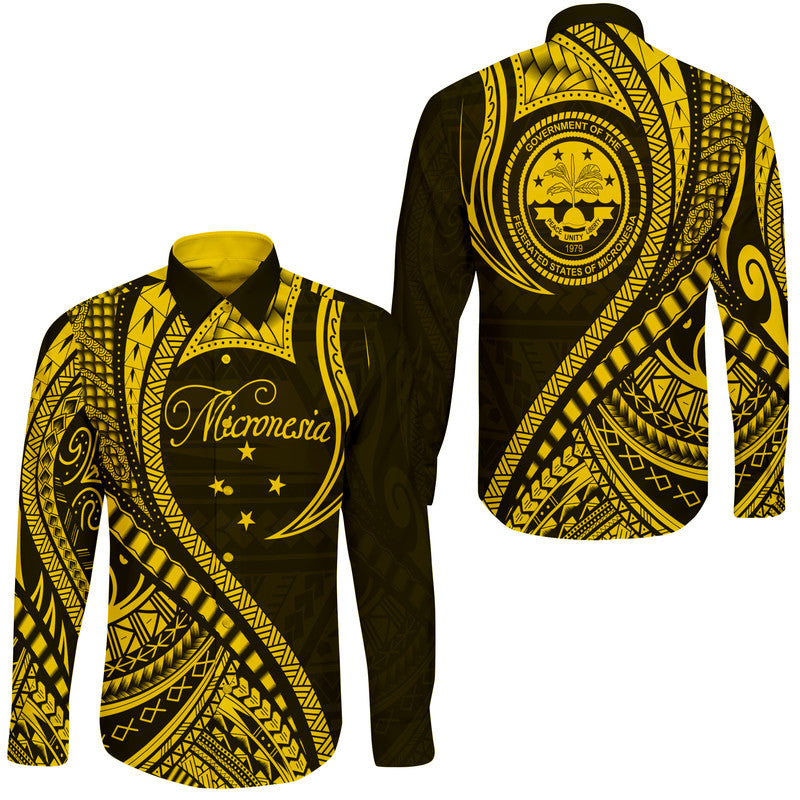 Federated States of Micronesia Hawaii Long Sleeve Button Shirt Gold Polynesian Wave Style