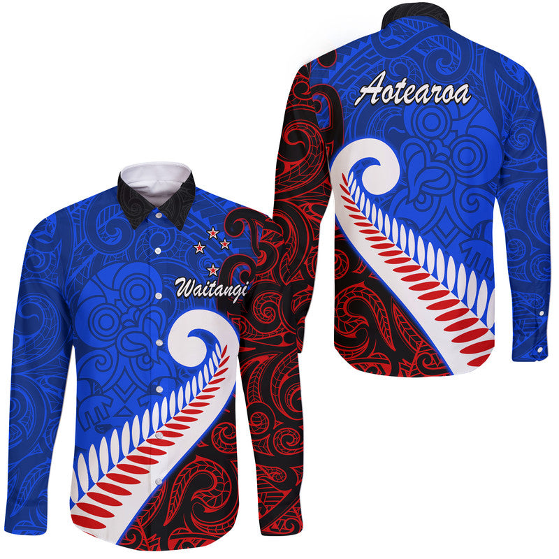 Waitangi Day Hawaii Long Sleeve Button Shirt Aotearoa Hei Tiki Silver Fern
