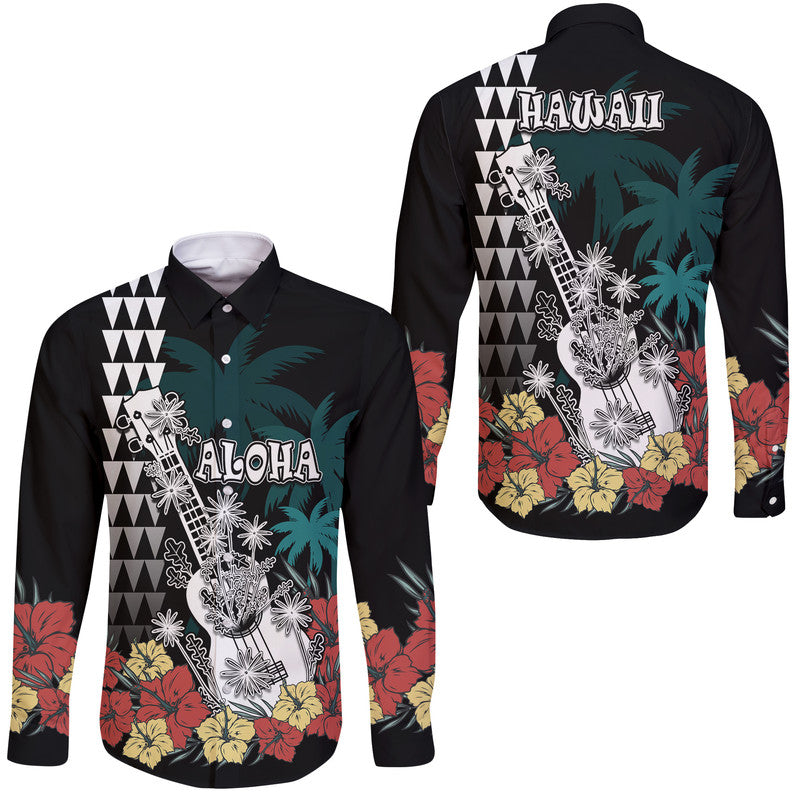Hawaii Ukulele Mix Hibiscus and Coconut Tree Hawaii Long Sleeve Button Shirt Aloha Vintage Black Version