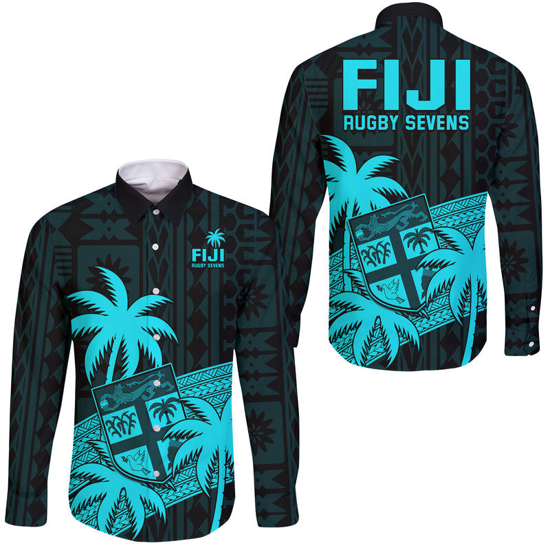 Fiji Rugby Sevens Long Sleeve Button Shirt Tapa Palm Tree and Fijian Coat of Arms