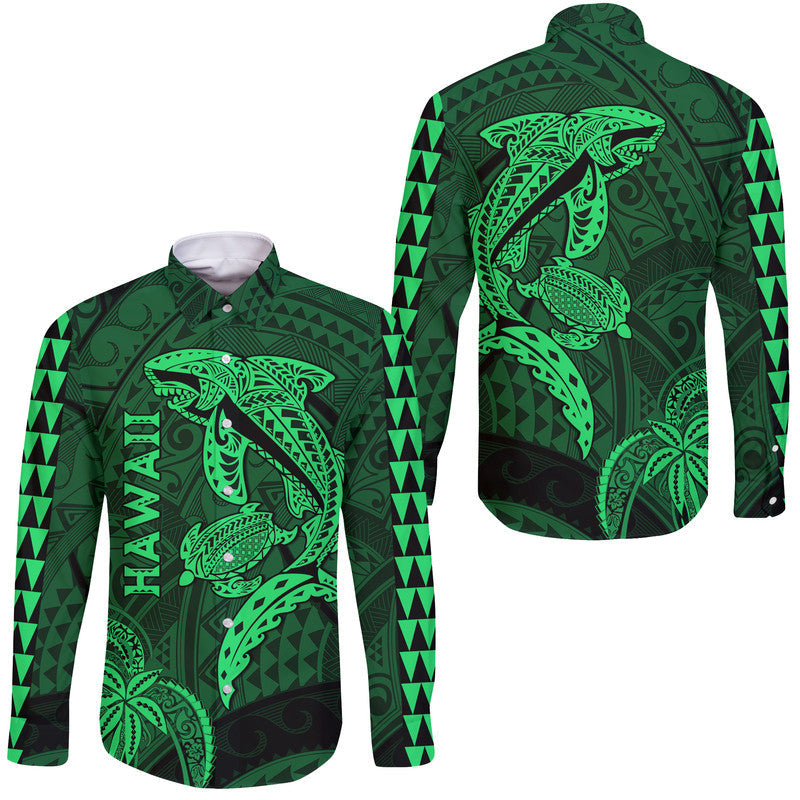 Hawaii Hawaii Long Sleeve Button Shirt Shark and Turtle Mix Kakau Green