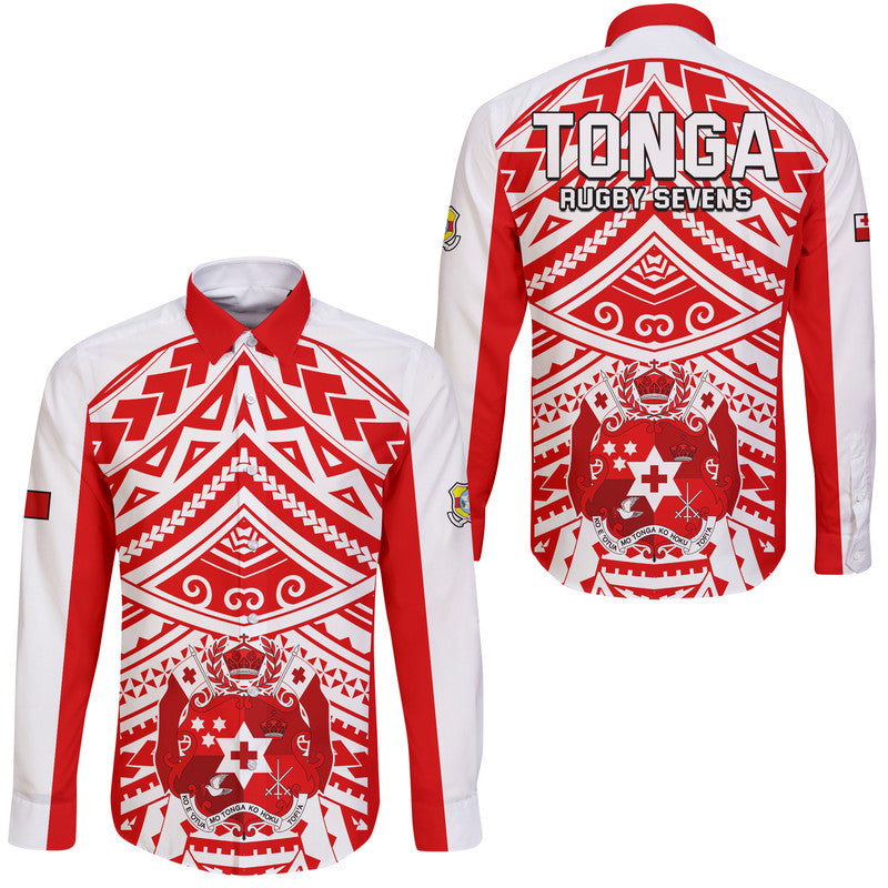 Tonga Rugby Sevens Hawaii Long Sleeve Button Shirt Coat of Arms Tribal Polynesian Pattern