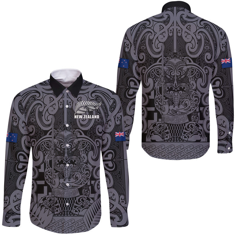New Zealand Taiaha Maori Hawaii Long Sleeve Button Shirt Minimalist Silver Fern All Black