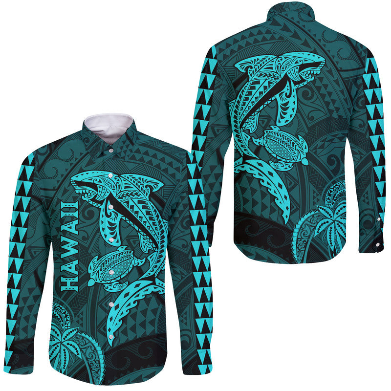 Hawaii Hawaii Long Sleeve Button Shirt Shark and Turtle Mix Kakau Turquoise