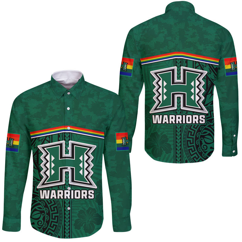 Hawaii Warriors Football Hawaii Long Sleeve Button Shirt Polynesian Palm and Hibiscus