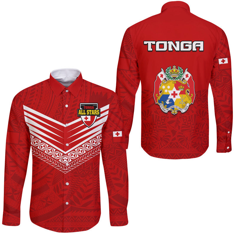 PolynesianPride Tonga Rugby Tongan Kupesi Ngatu Design Hawaii Long Sleeve Button Shirt