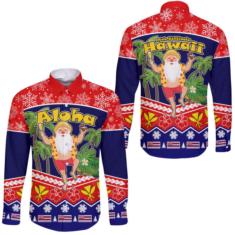 Hawaii Santa Kalikimaka Palm And Hibiscus Christmas Vibe Hawaii Long Sleeve Button Shirt